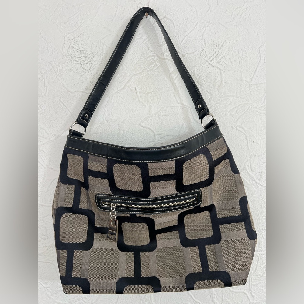 Y2K Nine West Shoulder Bag Purse Mod Geometric Square Monogram Black Taupe 2000s